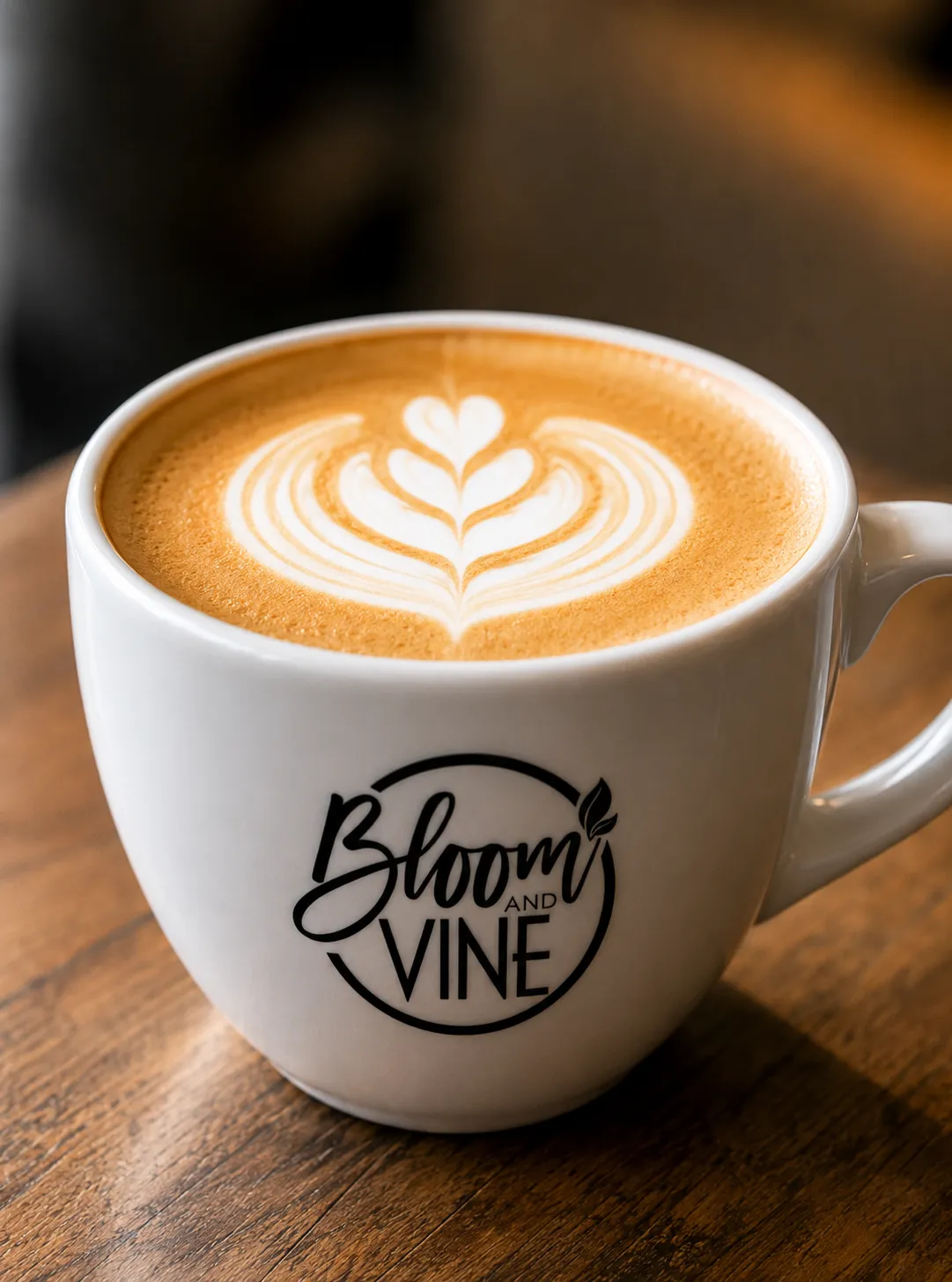 Latte art in a Bloom & Vine coffee cup